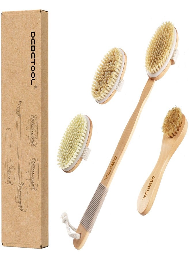 DEBETOOL Dry Brushing Set - Natural Boar Bristle Body & Face Brush, Wooden Long Handle Scrub Brush for Cellulite & Lymphatic Drainage Body Care, Detachable, 3 Brush Heads - Image 1